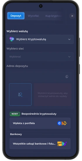 Panel depozytu z opcjami kryptowaluty i usług bankowych