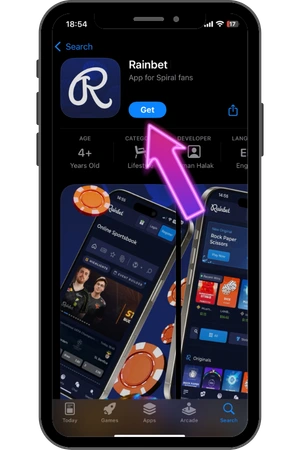 Przycisk Get w App Store na stronie aplikacji Rainbet