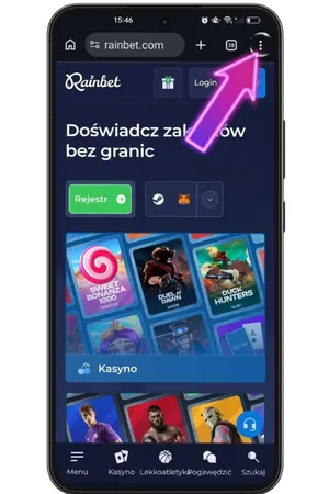 Trzy kropki menu w Chrome na telefonie na stronie Rainbet