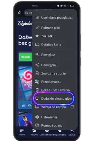 Menu Chrome z opcją Dodaj do ekranu głównego dla Rainbet