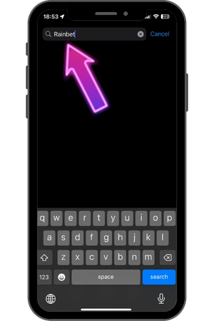 Wyszukiwanie Rainbet w App Store przez pasek wyszukiwania na iPhone