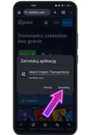 Okno dialogowe instalacji aplikacji Rainbet PWA na telefonie
